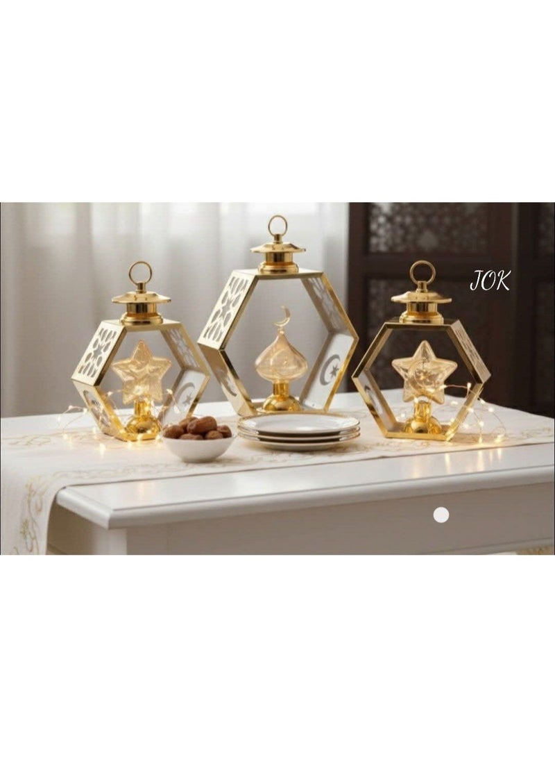 طقم فوانيس رمضان معدن 3 قطع – هلال ونجمة وجامع بتصميم أنيق - Image 2